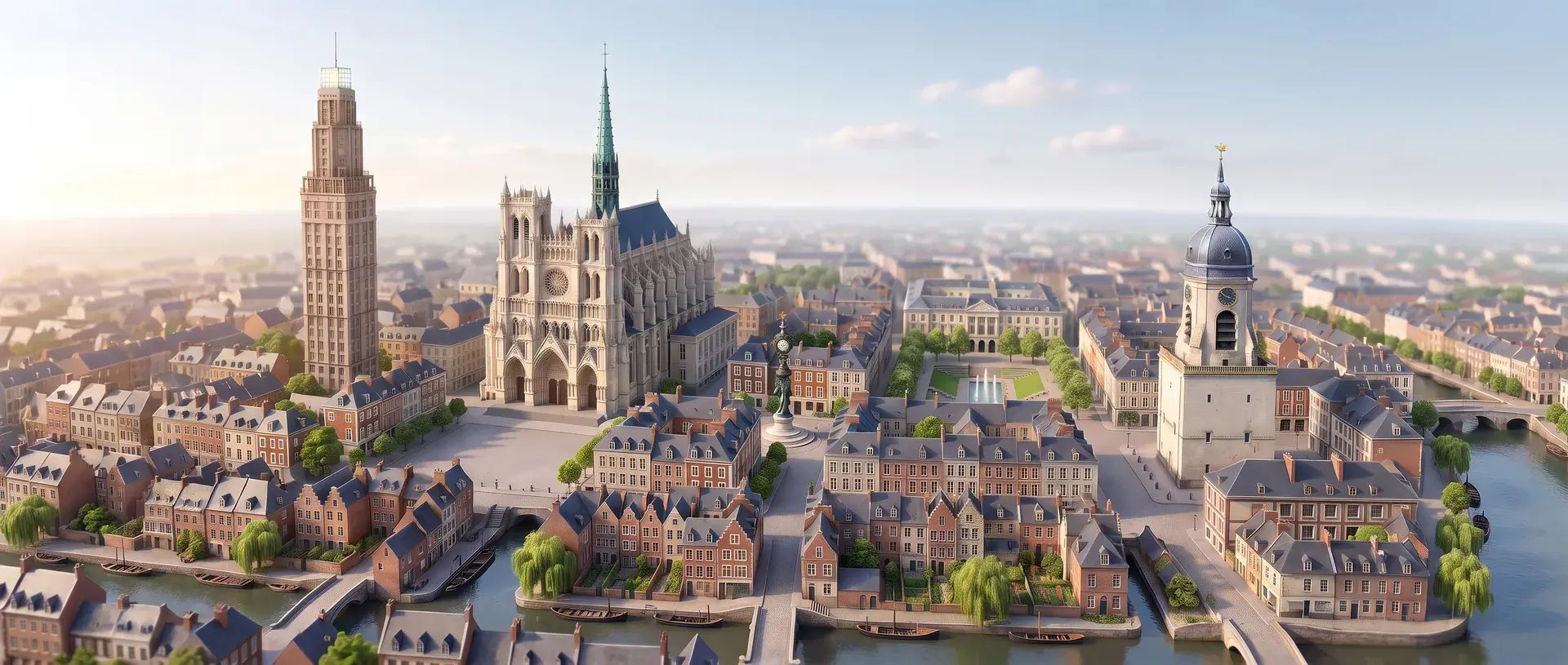 Maquette miniature du centre d'Amiens vue du ciel : la Tour Perret, la cathédrale Notre-Dame, la place Marie-sans-Chemise, la place Gambetta, le beffroi, et la Somme au premier plan