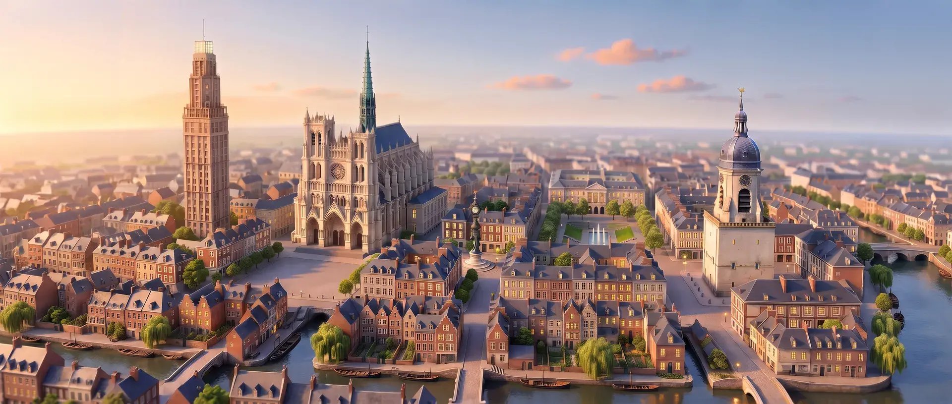 Amiens en miniature au crépuscule, la cathédrale et les toits du centre-ville au bord de la Somme