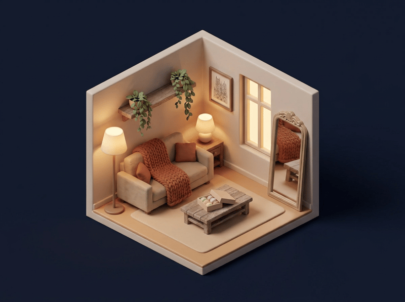 Un petit salon miniature&nbsp;: canapé avec plaid en grosse maille, lampes allumées, miroir face à la fenêtre, plantes, dessin de la cathédrale et boîte de macarons
