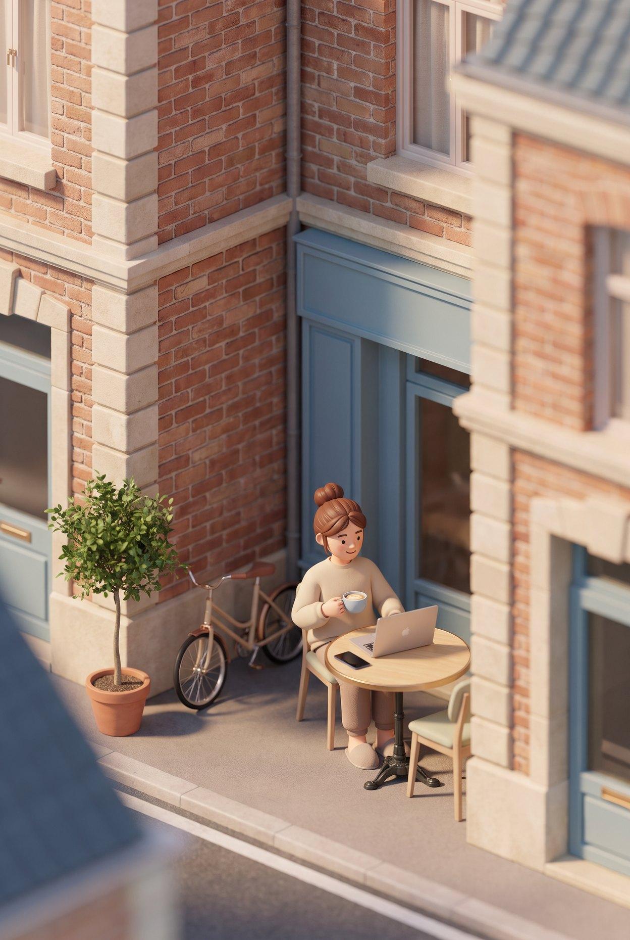 Proprietaire en terrasse a Amiens, telephone retourne, maquette miniature