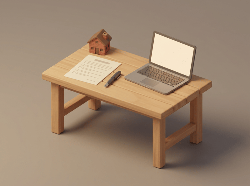 Un bureau miniature avec un formulaire vierge, un stylo, un ordinateur portable et une petite maison en brique