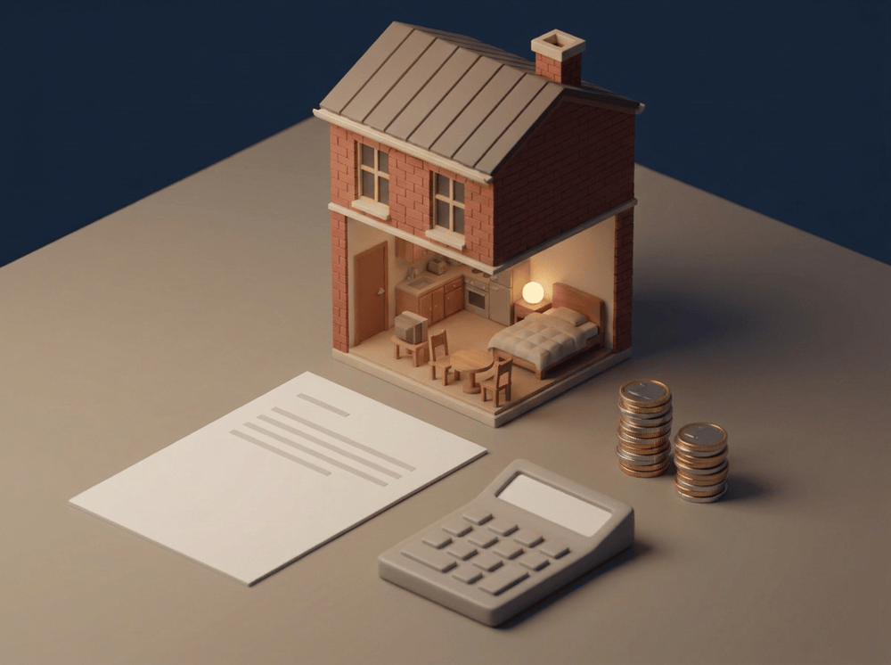 Une maison amiénoise en coupe avec un studio meublé, devant une feuille d'impôt, une calculatrice et deux piles de pièces