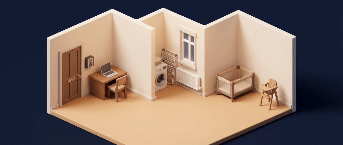 Un appartement miniature en coupe&nbsp;: boîte à clés à l'entrée, coin bureau, lave-linge et étendoir, radiateur, lit parapluie et chaise haute