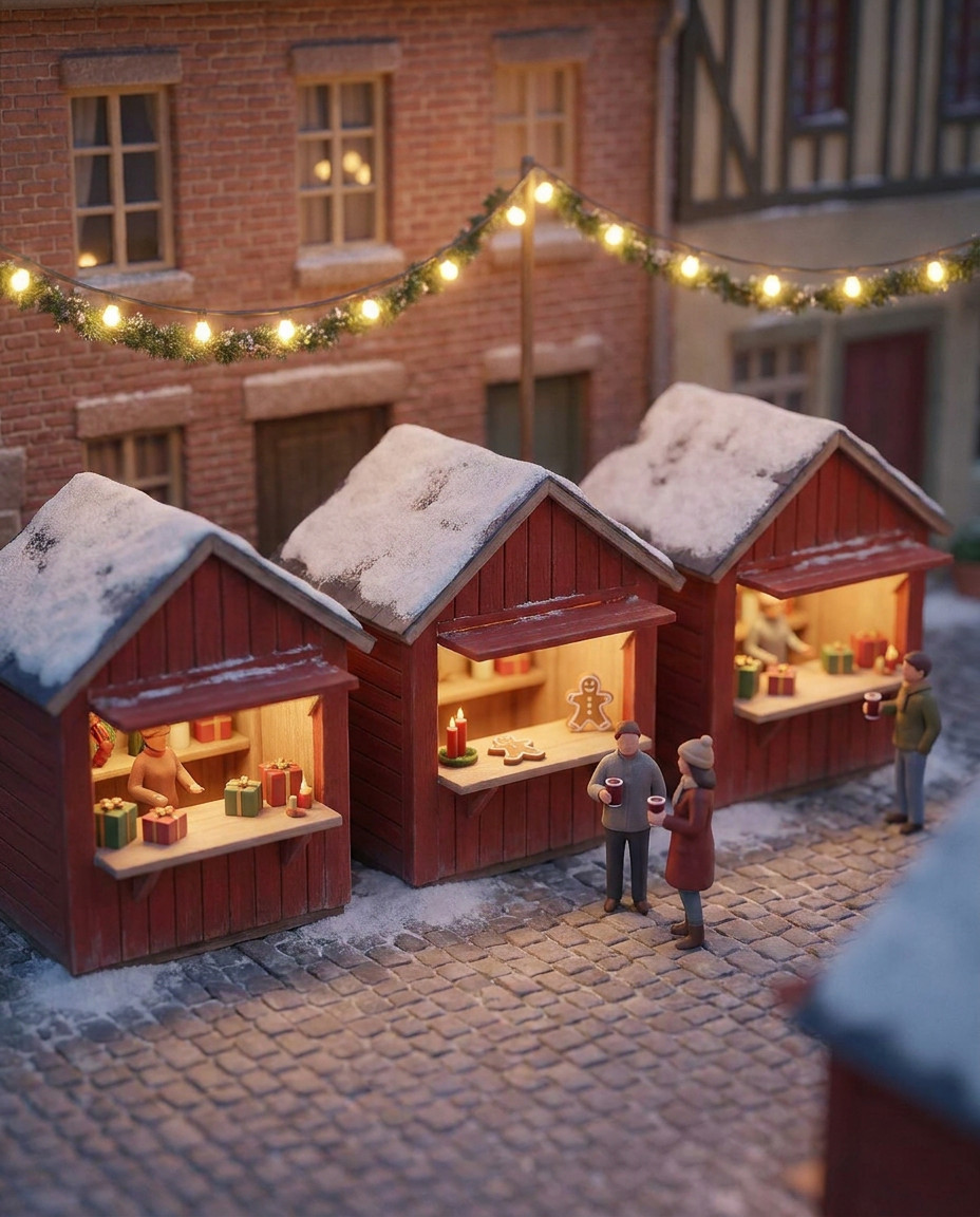 Chalets rouges du marché de Noël d'Amiens le soir, sous les guirlandes lumineuses, en maquette miniature