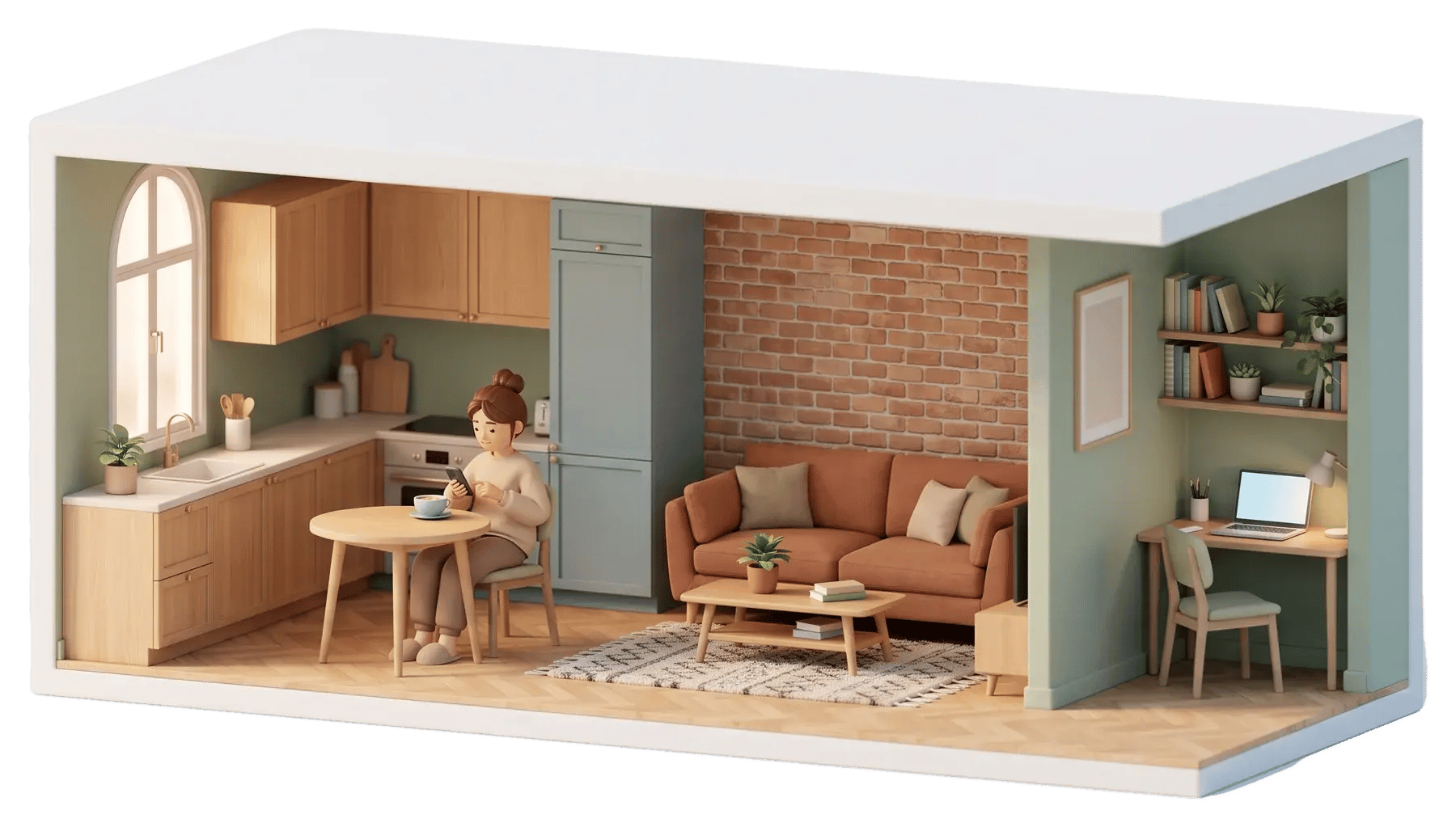 Maquette miniature d'un appartement : une propriétaire prend son petit-déjeuner, le téléphone à la main