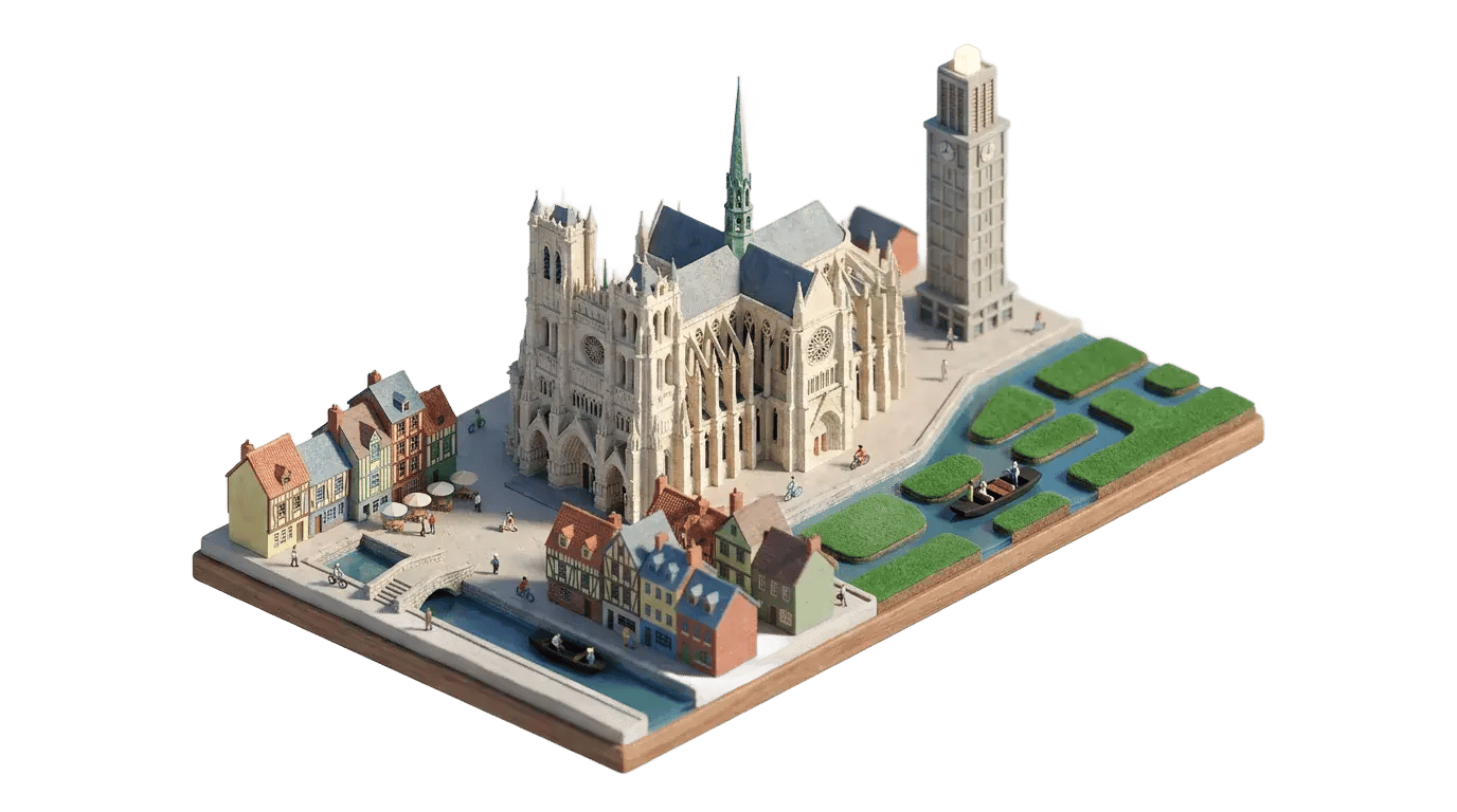 Amiens en maquette miniature : la cathédrale Notre-Dame, les maisons colorées de Saint-Leu au bord du canal, les Hortillonnages et la tour Perret