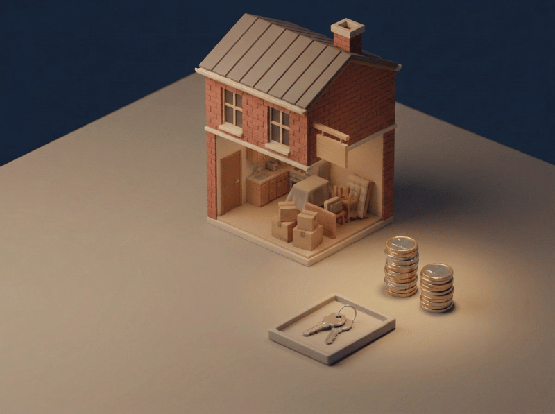 La même maison amiénoise en coupe, le studio vidé en cartons, un panneau de vente sur la façade, les clés et deux piles de pièces devant