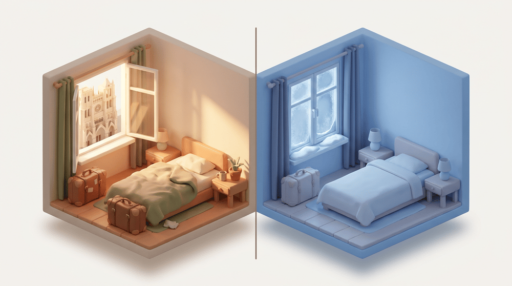 Le même logement en septembre, rempli et ensoleillé, et en janvier, vide sous une lumière froide