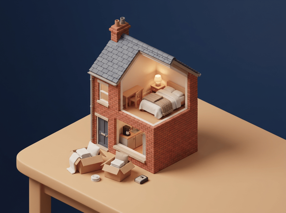 Une maison amiénoise en brique ouverte en coupe sur un studio meublé, avec des cartons de linge, un détecteur de fumée et une boîte à clés posés devant