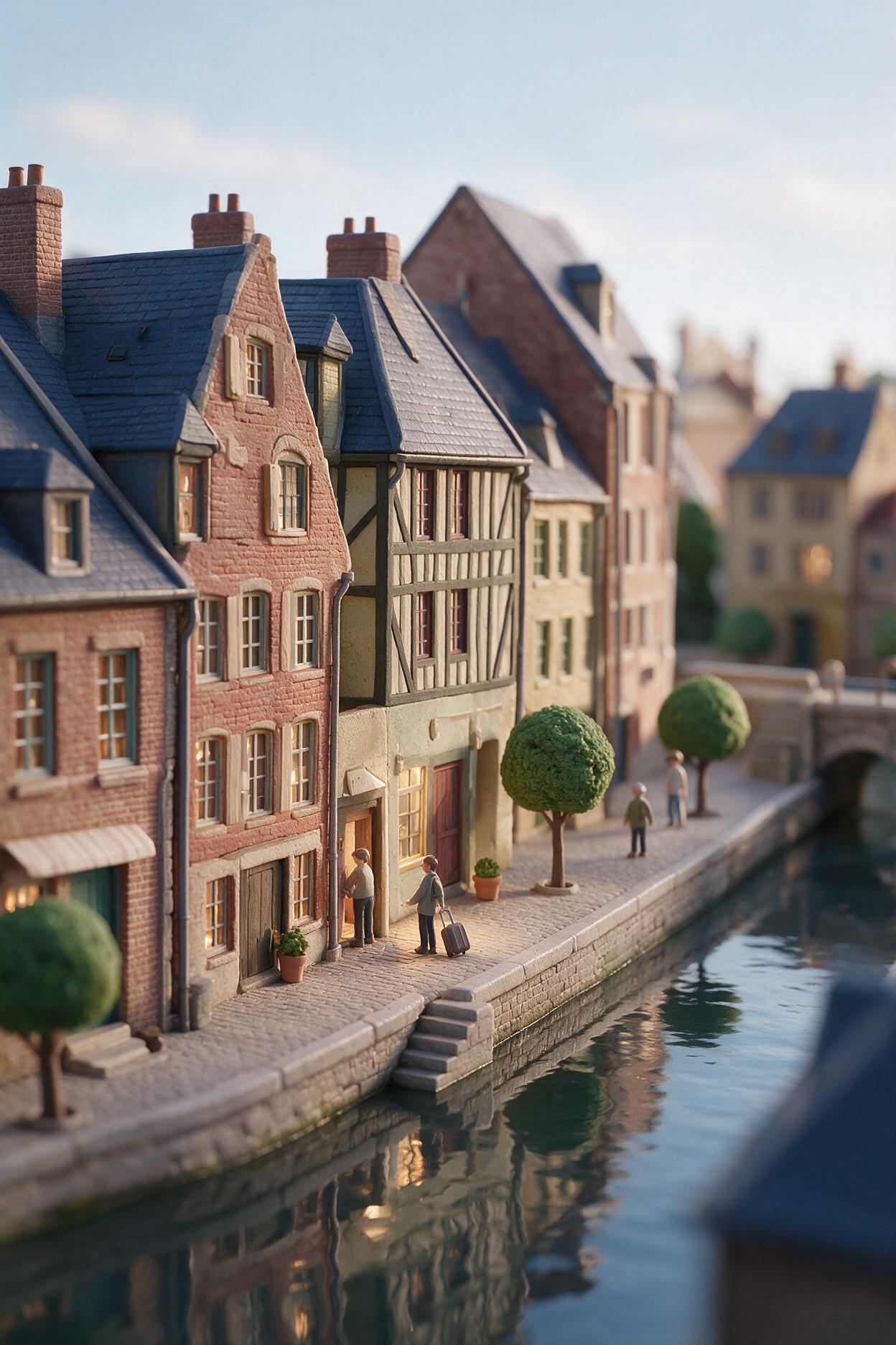 Rue de Saint-Leu a Amiens, arrivee d'un voyageur, maquette miniature